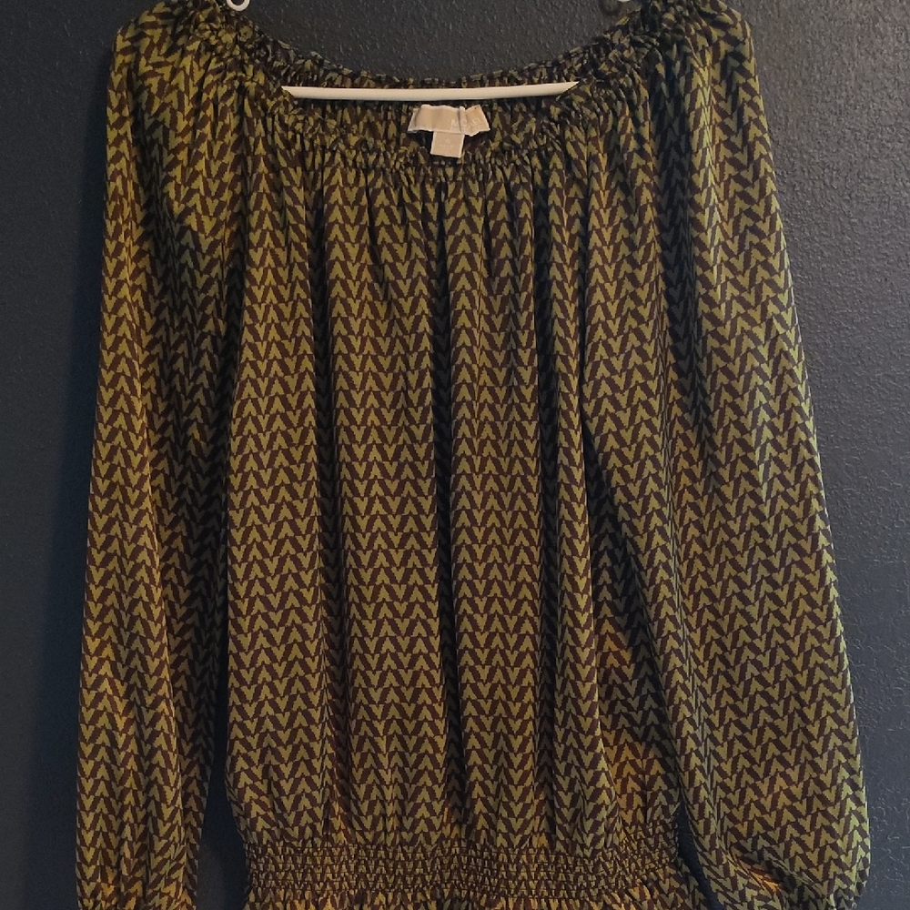 Michael Kors Geometric Scooped Neck Satin Olive and Black Long Smocked Tunic